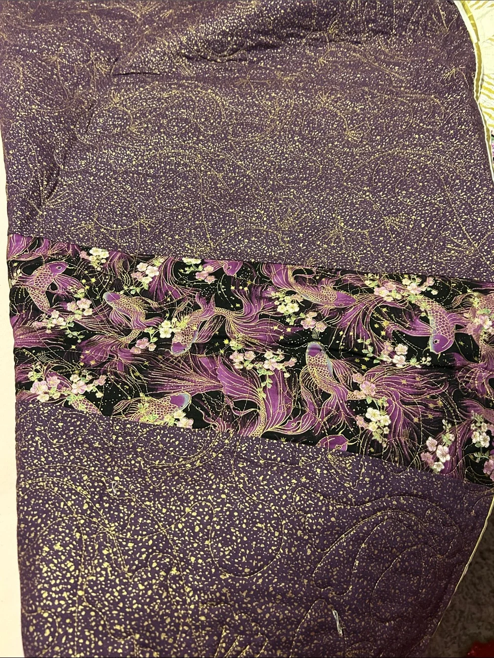 ONE OF A KIND - HANDCRAFTED Purple, gold and off-white Quilt.
